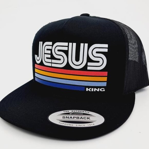 Jesus Christ Retro Style King Flat Bill Yupoong Baseball Cap Hat Trucker Mesh JC - Picture 2 of 4
